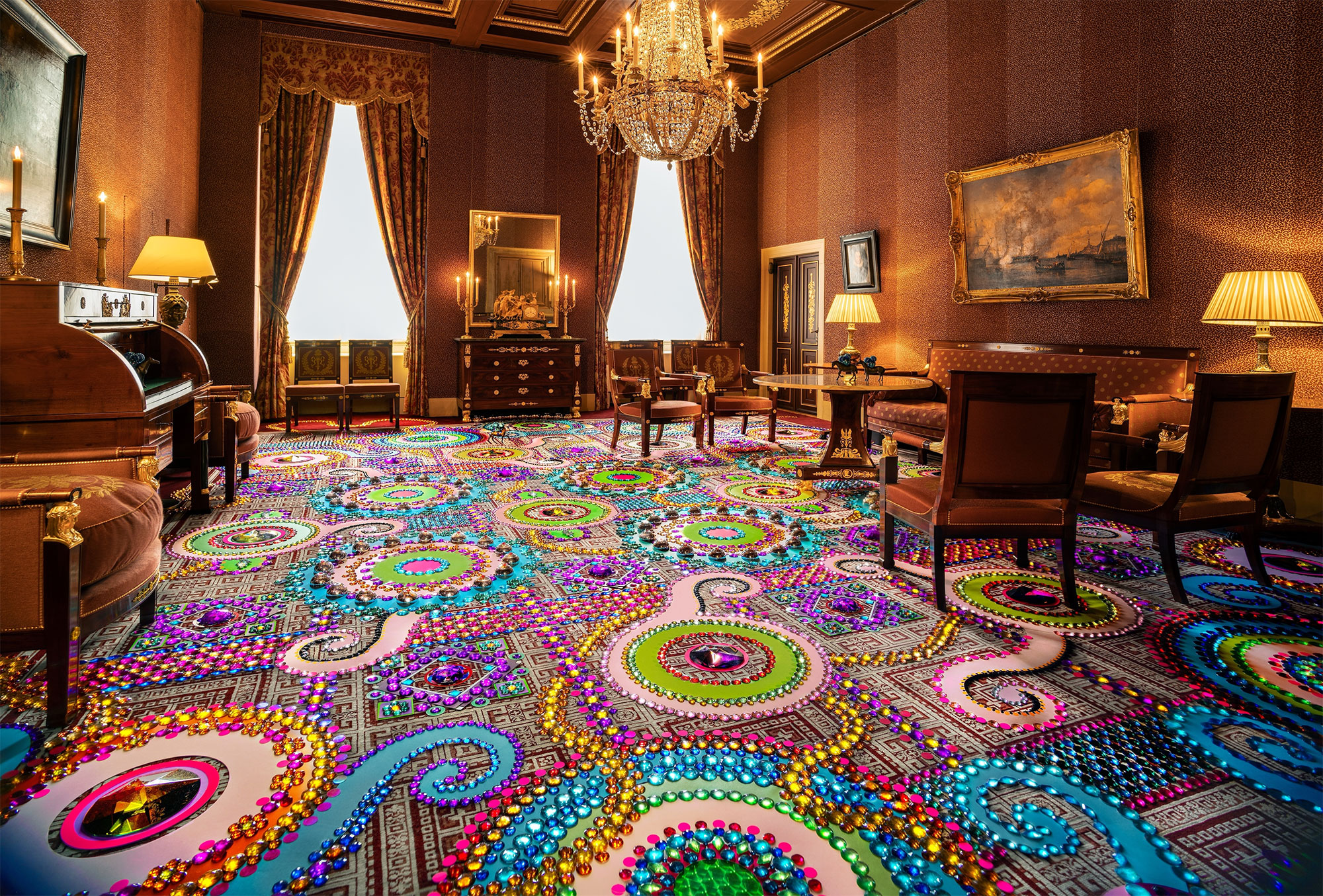 A Dizzying Carpet of Crystals Blankets a Salon in the Royal Palace Amsterdam with Prismatic Patterns