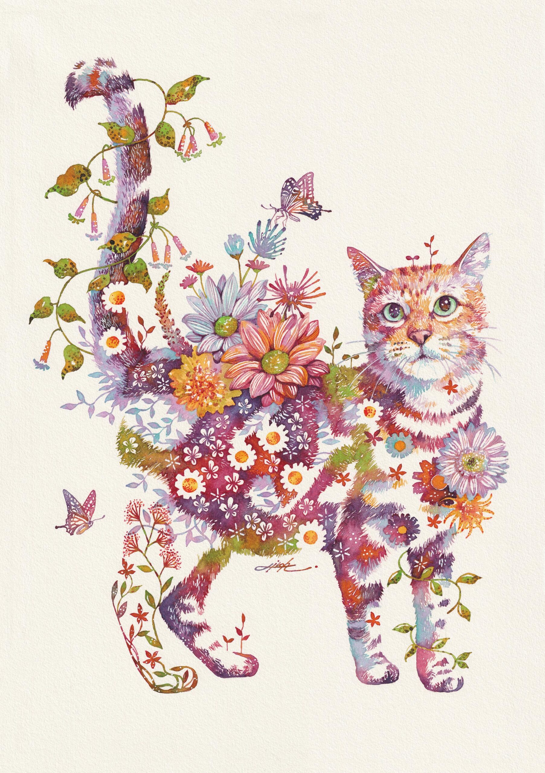 Vivid Botanicals Bloom from the Coats of Charismatic Cats in Watercolor Works by Hiroki Takeda