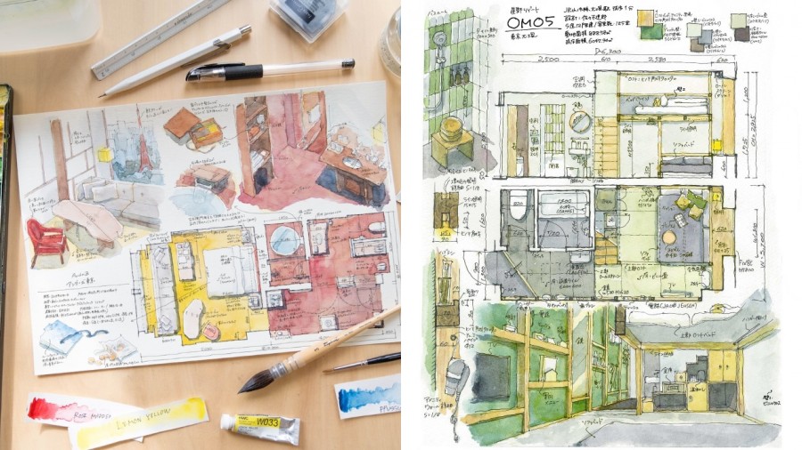 手繪開箱大阪、京都旅宿！日本建築師遠藤慧的筆下創作：以清淡水彩畫透視房型特色